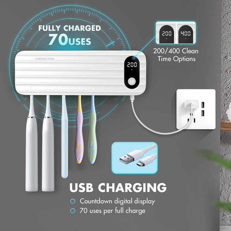 AuntyFey Sanitizeri Toothbrush Cleaner with 5 Slots, Smart Sanitizeri Toothbrush Holder Organizer, Cordless No Drilling Wall Mounted Rechargeable Holders for Bathroom Family, 200/400s Timer Function - Image 5